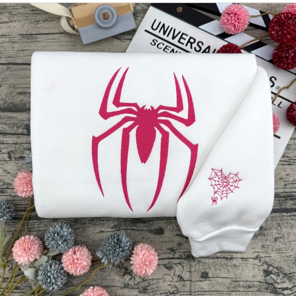 White Sweatshirt with Pink Spider Design